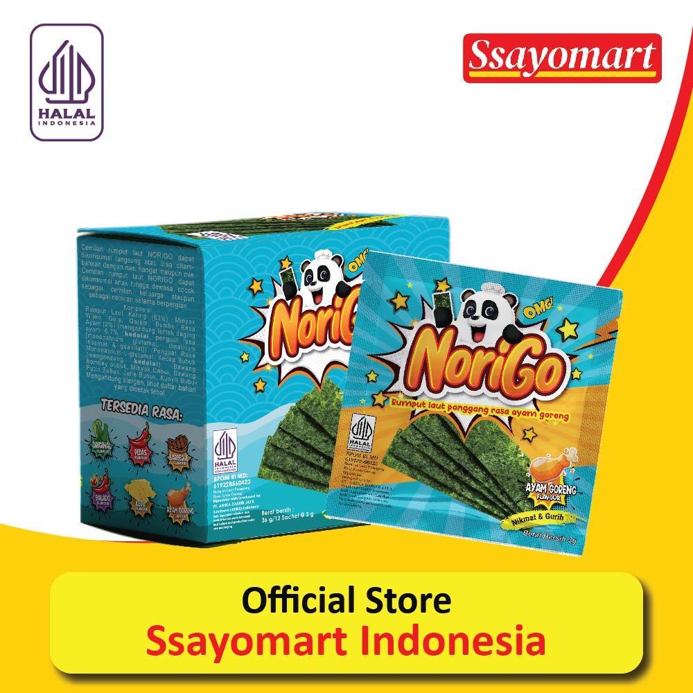 

Norigo Ayam Goreng (1 BOX ISI 12 PCS) / Nori Sachet Seaweed Snack 3g Rumput Laut Halal Rasa Ayam Goreng