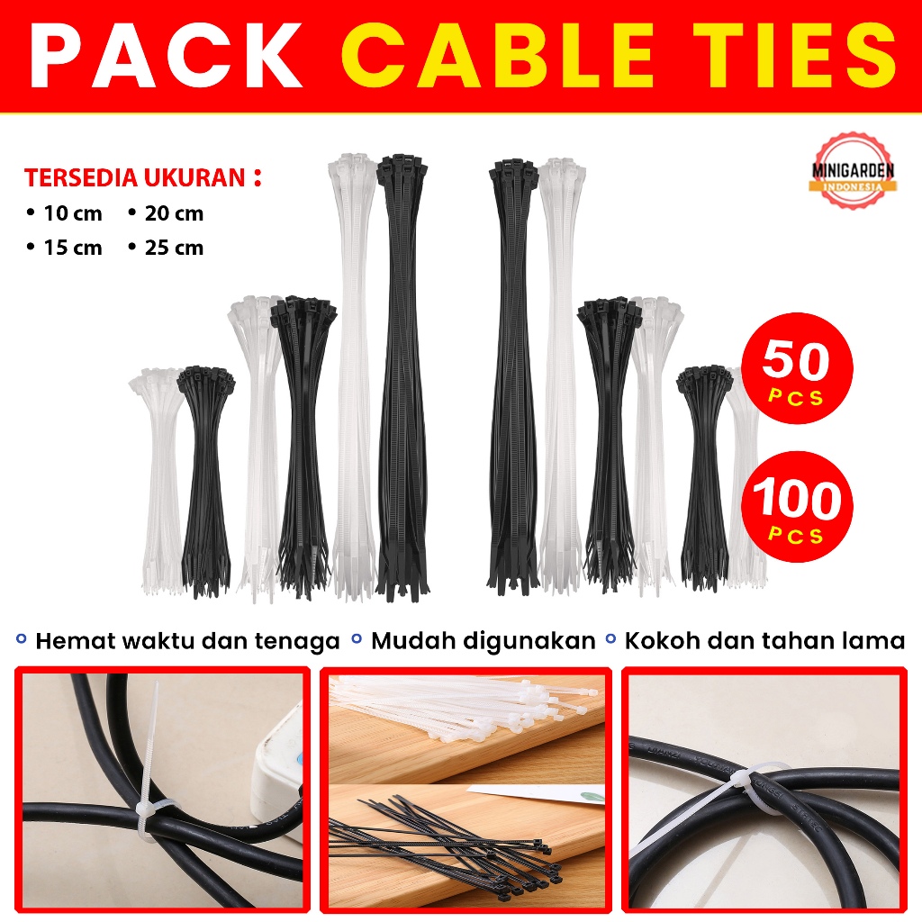 PACK CABLE TIES 10CM 15CM 20CM 25CM cabel tis tali serut pengikat plastik tali krek 100 pcs