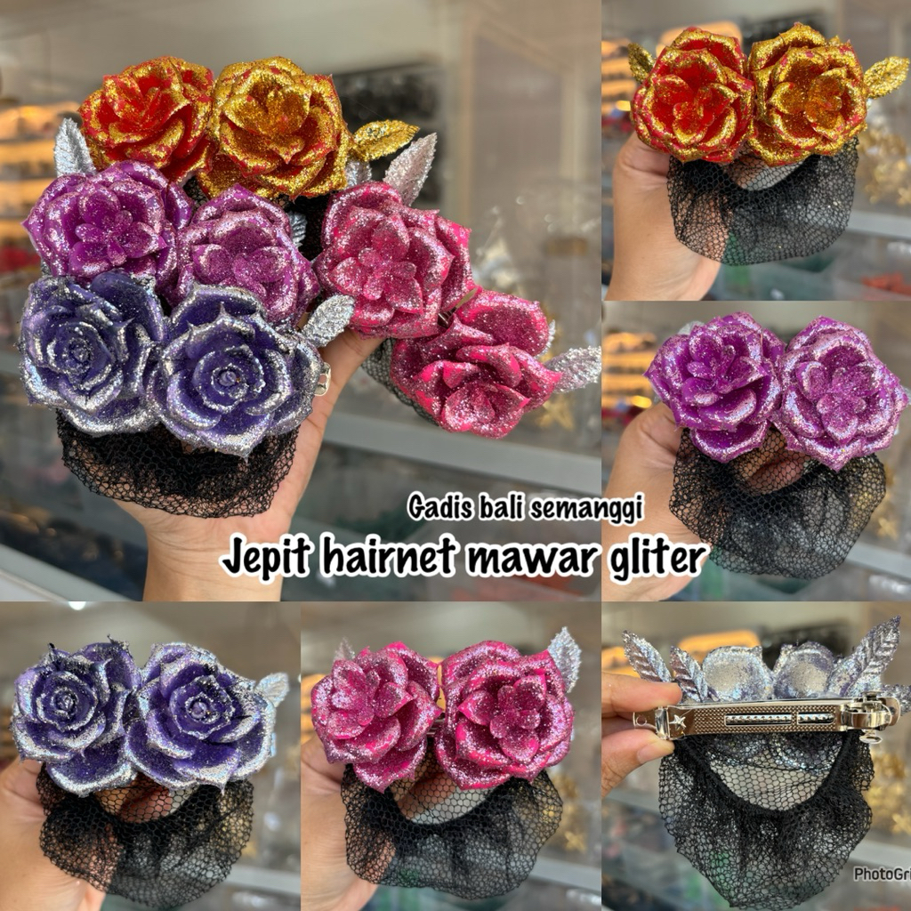 jepit hairnet mawar gliter/ aksesoris rambut/ bunga sanggul