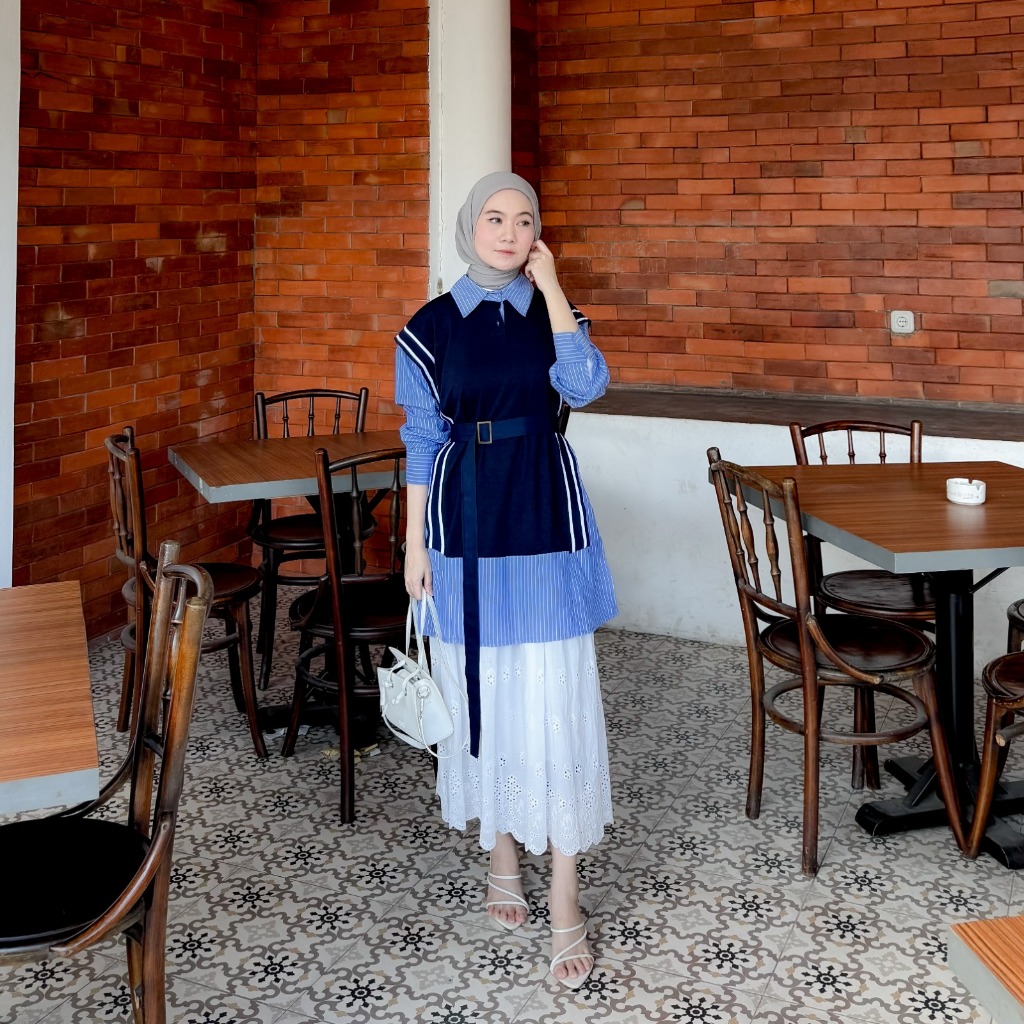 FASH - 1569 Tunik Wanita Berbahan Kaos Motif Garis || Tunik Free Belt || Bisa COD
