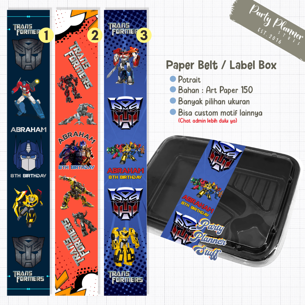 

Paper sleeve transformers robot custom label box bento ulang tahun anak tema bumblebee transformers optimus prime paper belt custom label nasi box bento