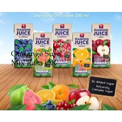 

Diamond Juice|Jus UHT 200ml — 1 dus isi 24 pcs! |Jeruk, Apel, Blueberry, Mangga, dan Cranberry