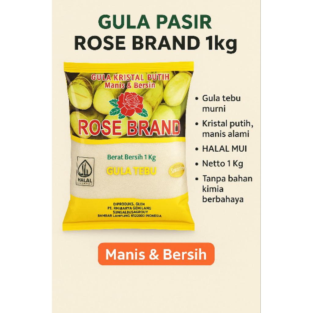 

Gula Pasir ROSE BRAND 1 kg - Gula Kristal Putih Asli - Manis & Bersih