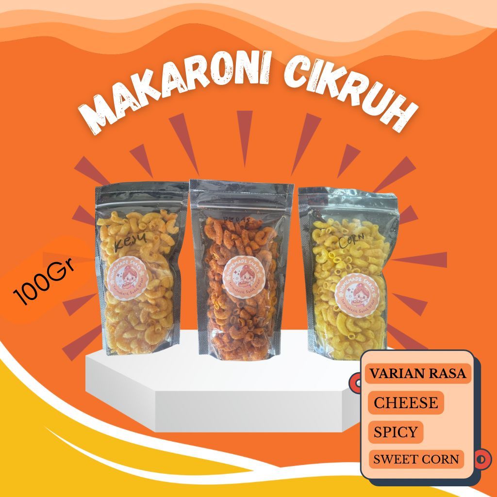 

MAKARONI CIKRUH KRIUK HOMEMADE KEMASAN 100GRAM VARIAN CHEESE, SPICY, SWEET CORN