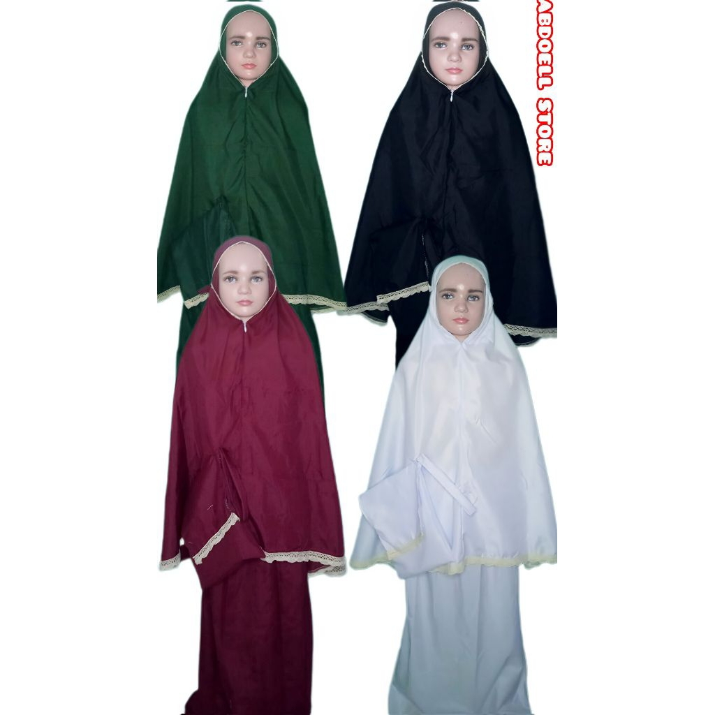 mukena anak polos renda resleting dagu