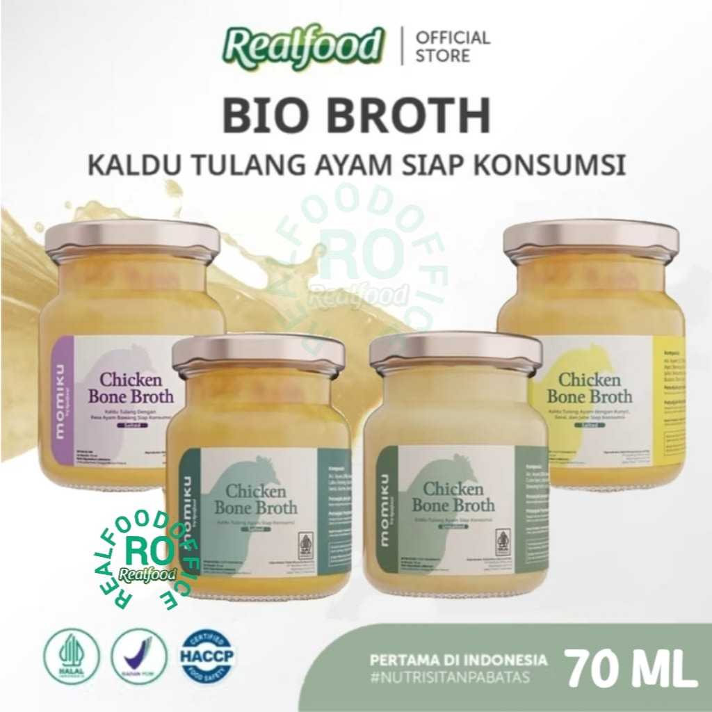 

Realfood Momiku Chicken Bone Broth ( Mpasi Kaldu Ayam Rasa Salted , Unsalted , Ayam Bawang , Soto & Black Chicken ) RO