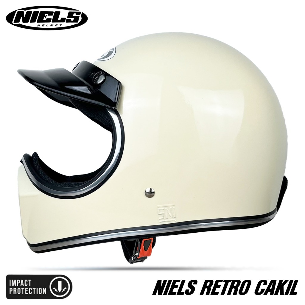 NIELS Helm Cakil Full Face Retro Cream Chrome Free Pet SnI Terlaris Putih