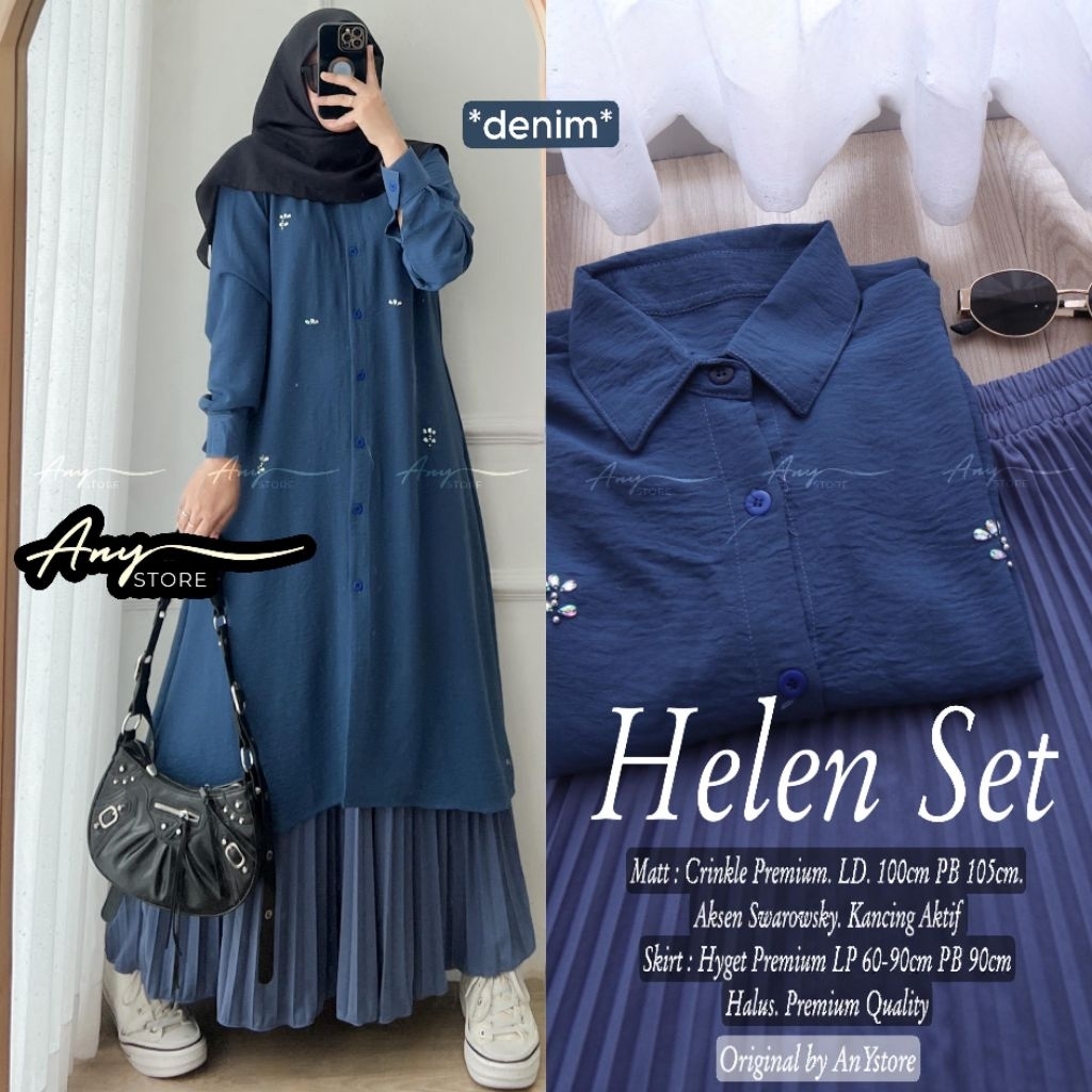 Helen Set Original by AnY - Baju Setelan Wanita Muslim Bahan Crinkle Premium LD 100 Adem Halus Murah