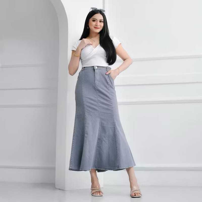 Mermaid Midi Skirt Rok Duyung Wanita Casual Jeans Kancing Karet JUMBO: