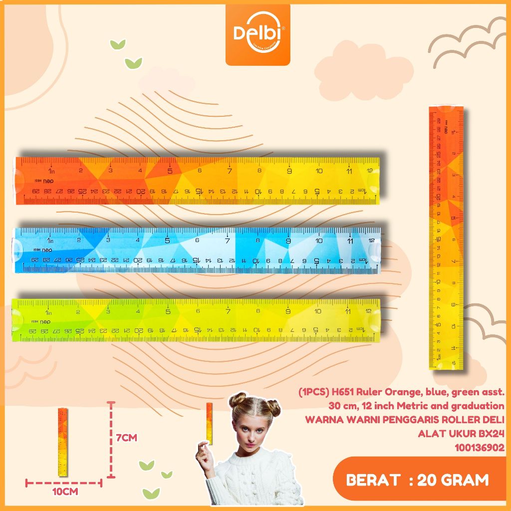 

penggaris deli 30cm (1PCS) H651 Ruler Orange, blue, green asst. 30 cm, 12 inch Metric and inch graduation