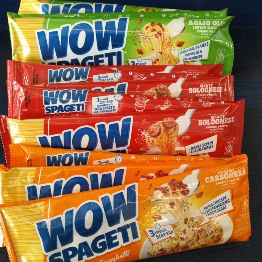 

BUNDLING HEMAT MIE WOW SPAGETI PER 5 PCS/ CREAMY CARBONARA/ MEATY BOLOGNESE/ AGLIO OLIO/ 80 gr