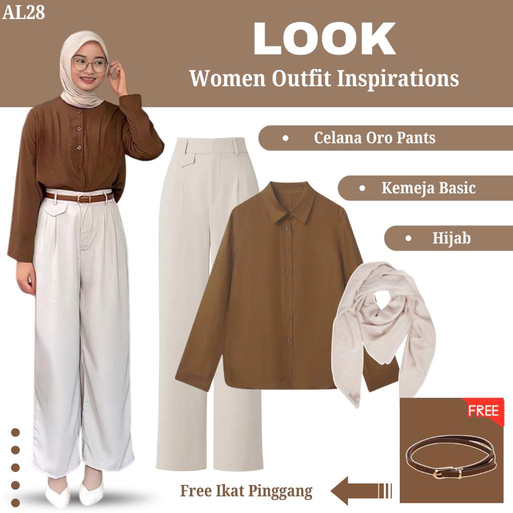 OOTD Kekinian Wanita Remaja | Kemeja Basic Kancing Lengan Panjang Wolfis Coklat, Celana Oro Pants Hi