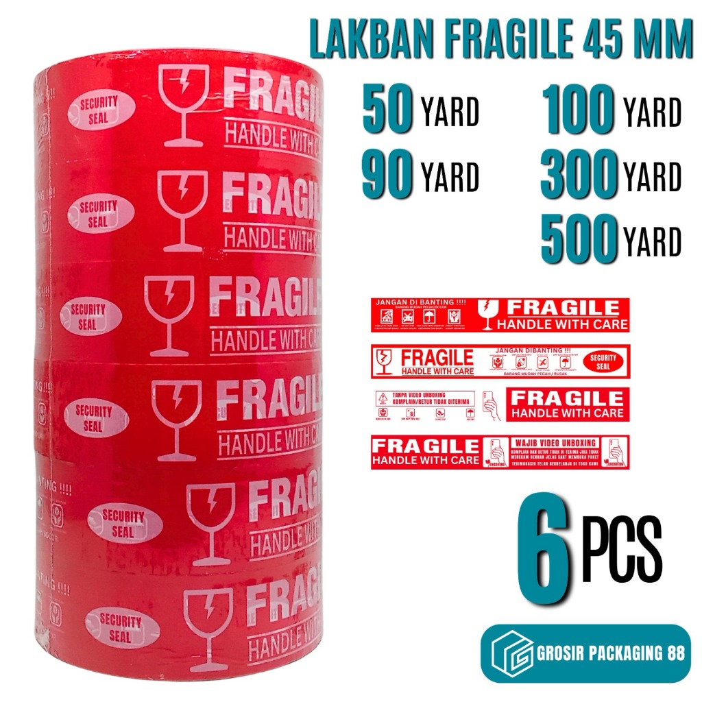 

6 PCS Lakban Fragile Merah 45mm x 500 - 100 Yard UNBOXING 2 Inch