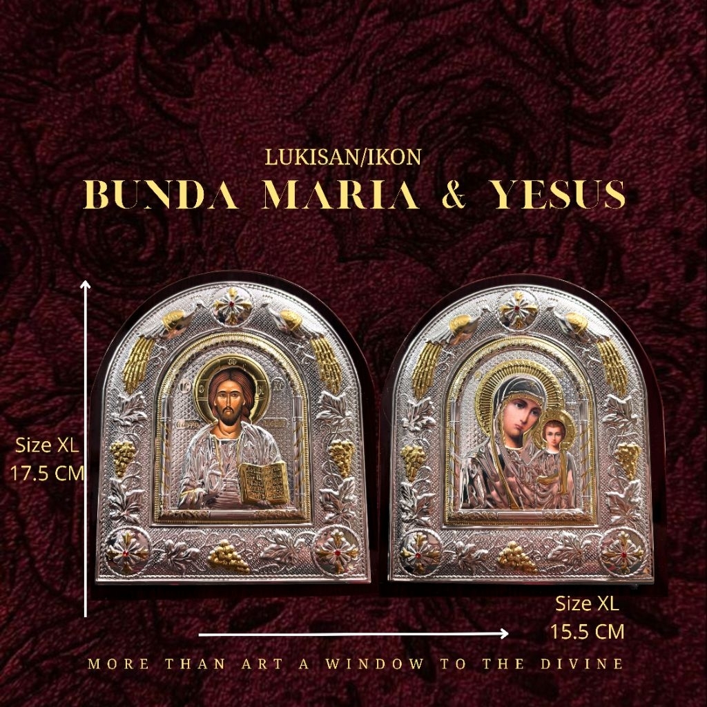 Lukisan/Ikon Bunda Maria dan Yesus Riza Silver Kristen Katolik Orthodox Timur