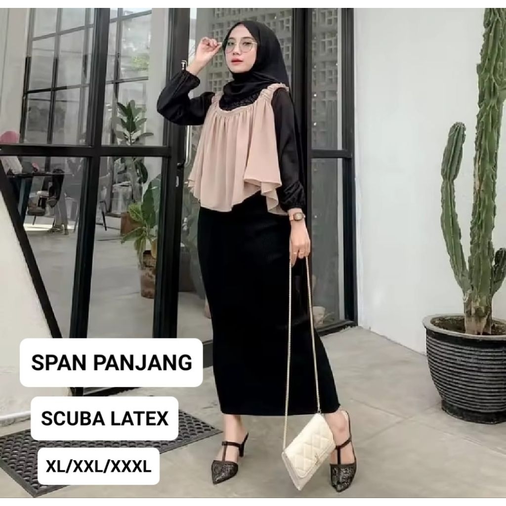 ROK SPAN PANJANG WANITA SCUBA LATEX TEBAL BELAHAN BELAKANG