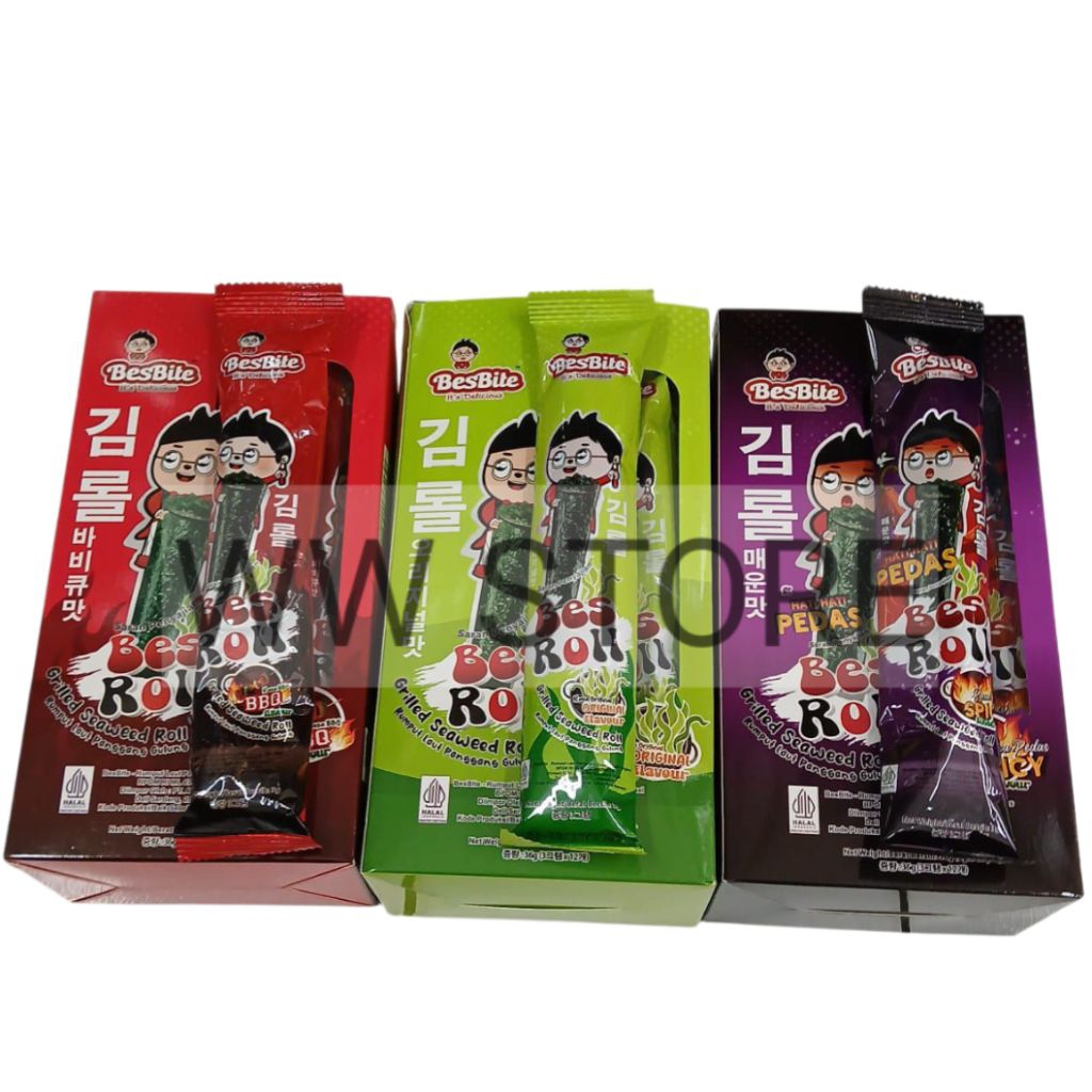 

Cemilan snek makanan ringan rumput laut panggang gulung rasa asli pedas barbekiu halal MUI BesBite Bes Roll Original BBQ Barbecue Barbeque Spicy Flavour 12pcsx3g