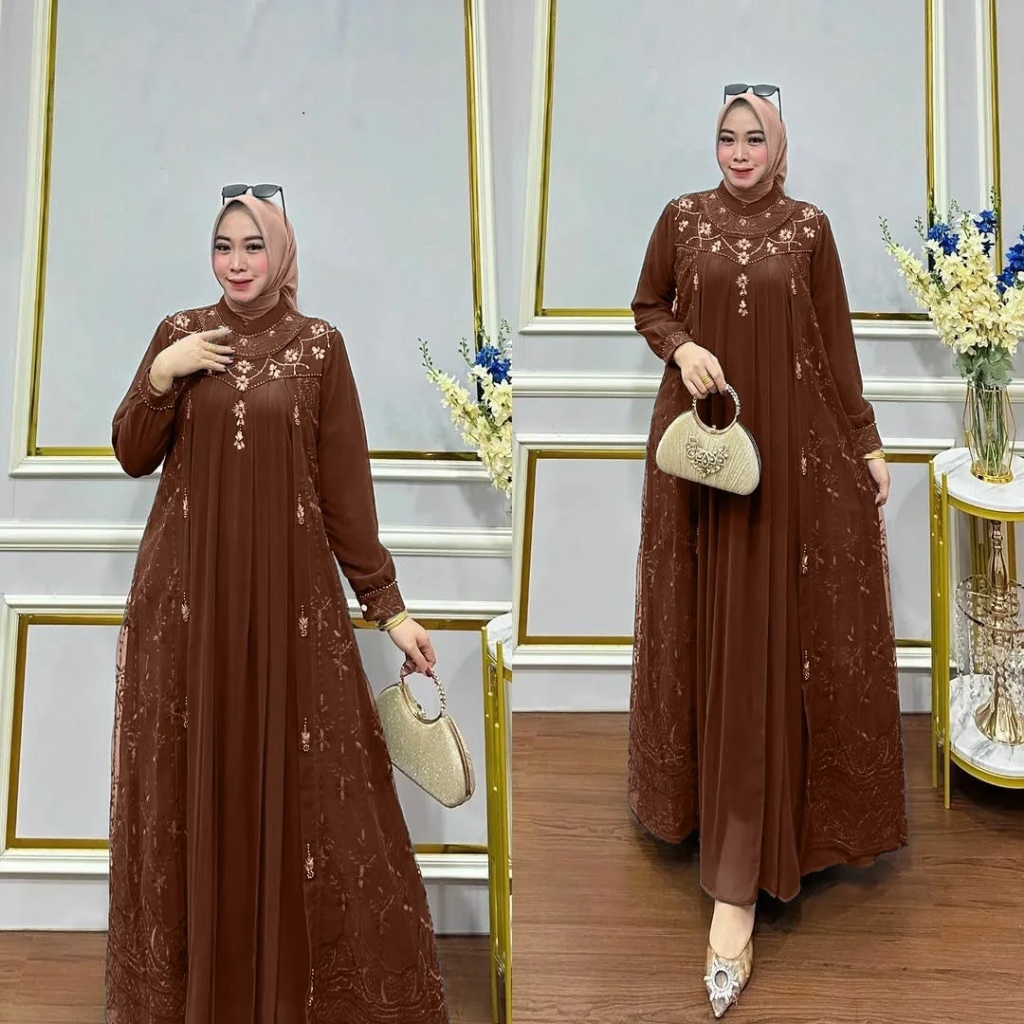 GEEDO - Gamis Brokat Amara Terbaru 2025 Mewah Kekinian Dress Gamis Muslim Dress Kombinasi Tile Broka