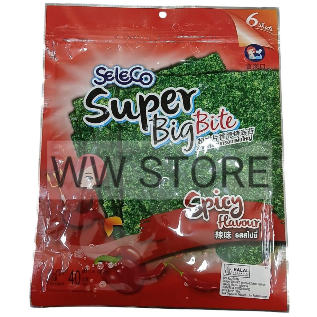 

Cemilan snek makanan ringan rumput laut nori rasa pedas halal MUI Seleco Super Big Bite Spicy flavour 40g