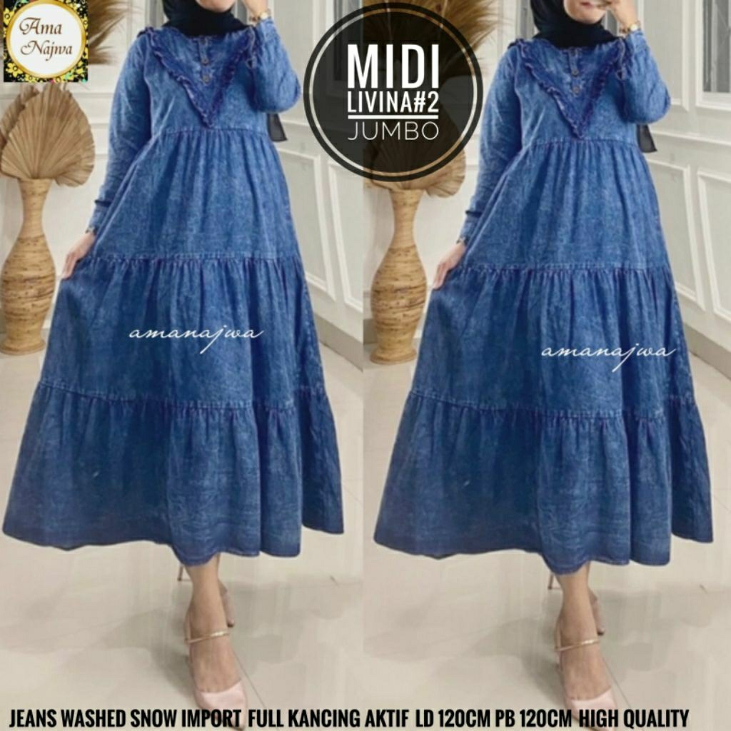 Livina Midi dress JUMBO ld 120 Gamis jeans tebal / amanajwa