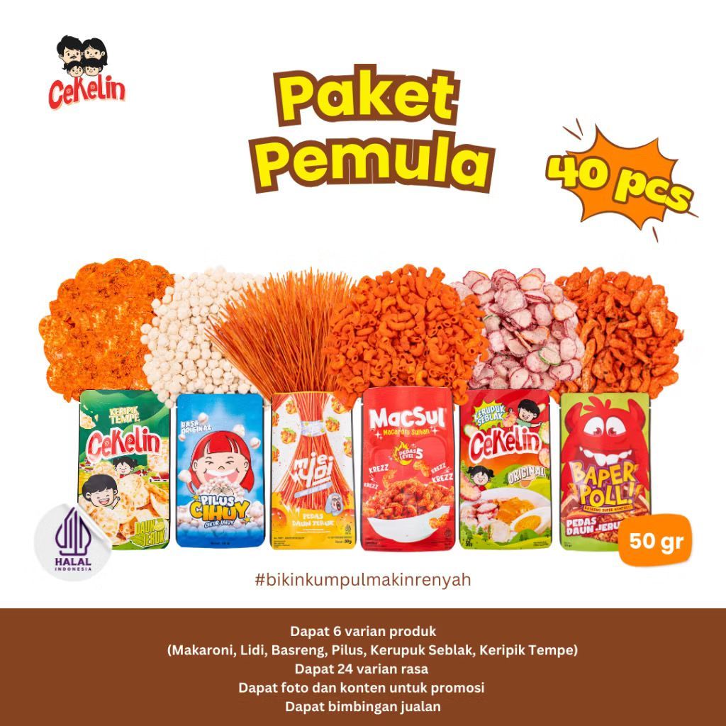

Cemilan Paket Pemula 40pcs Makaroni Mie Lidi Pilus Kerupuk Seblak Basreng Keripik Tempe / Cemilan
