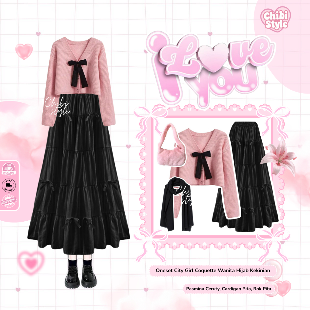 Korean Style Hijab | Pasmina Ceruty, Keyko Cardigan Pink, Rok Ribbon |Hijab Style Outfit Korea- CS05