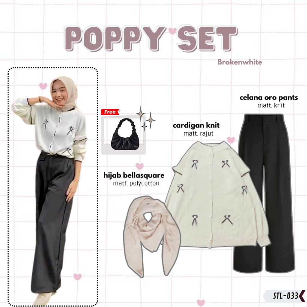 Setelan Wanita  OOTD 3IN1  Chic One Set Poppy STL-033 [Celana bahan oropants | Cardigan rajut knit p
