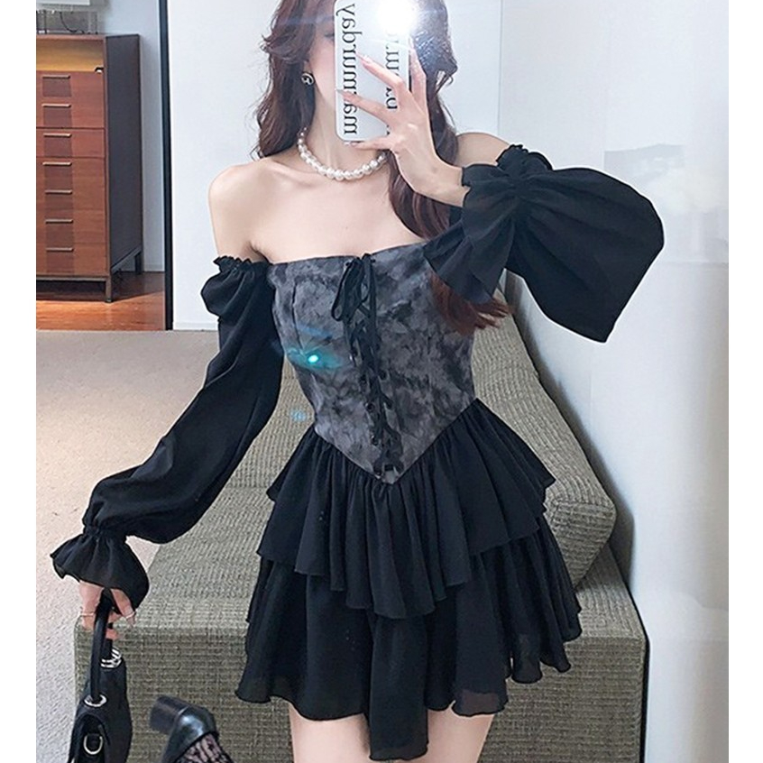 mini dress korean style press body wanita black dress hitam vintage jumbo party dress lengan panjang
