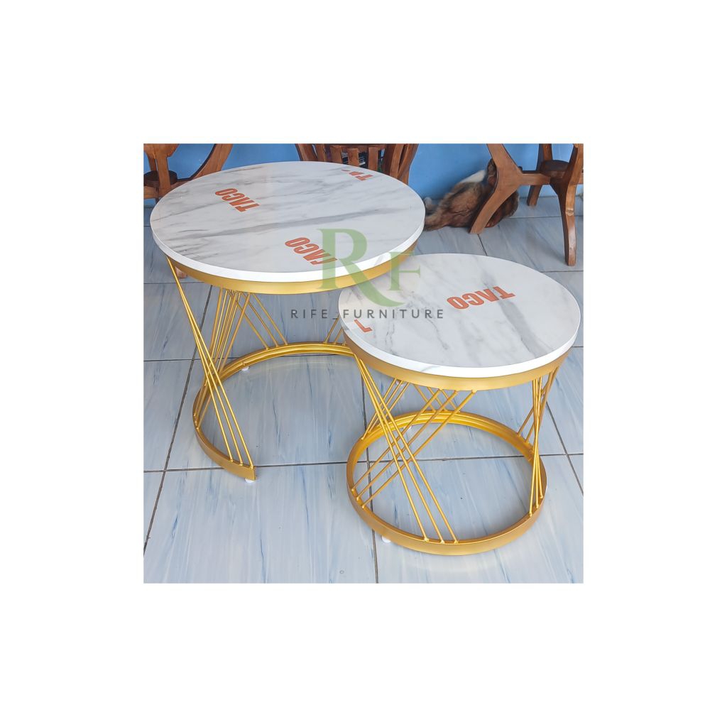 Meja Bulat HPL Ruang Tamu Minimalis Aesthetic Kaki Gold / Meja Bulat kembar Minimalis