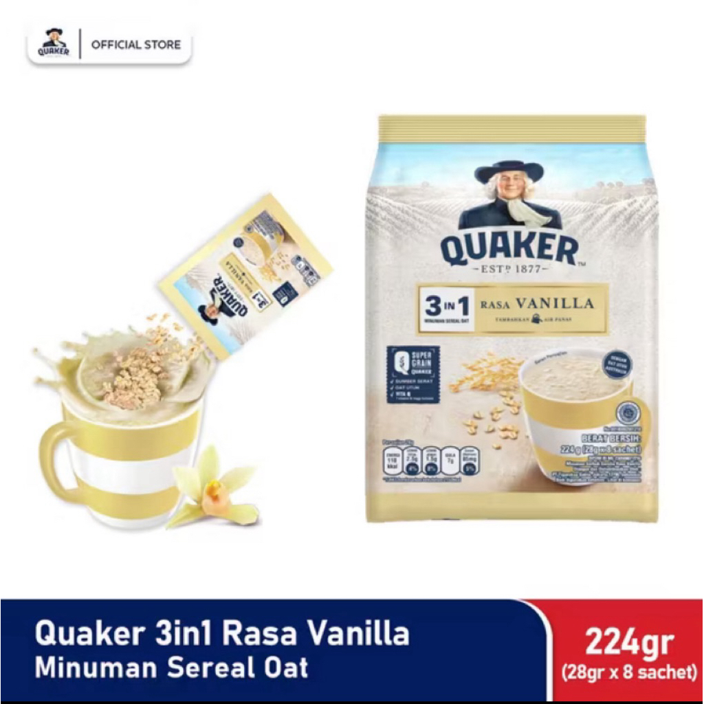 

Quaker 3in1 Vanilla 224gr isi 8 sachet (28g per sachet) – Sereal Oat Lezat & Praktis untuk Gaya Hidup Sehat