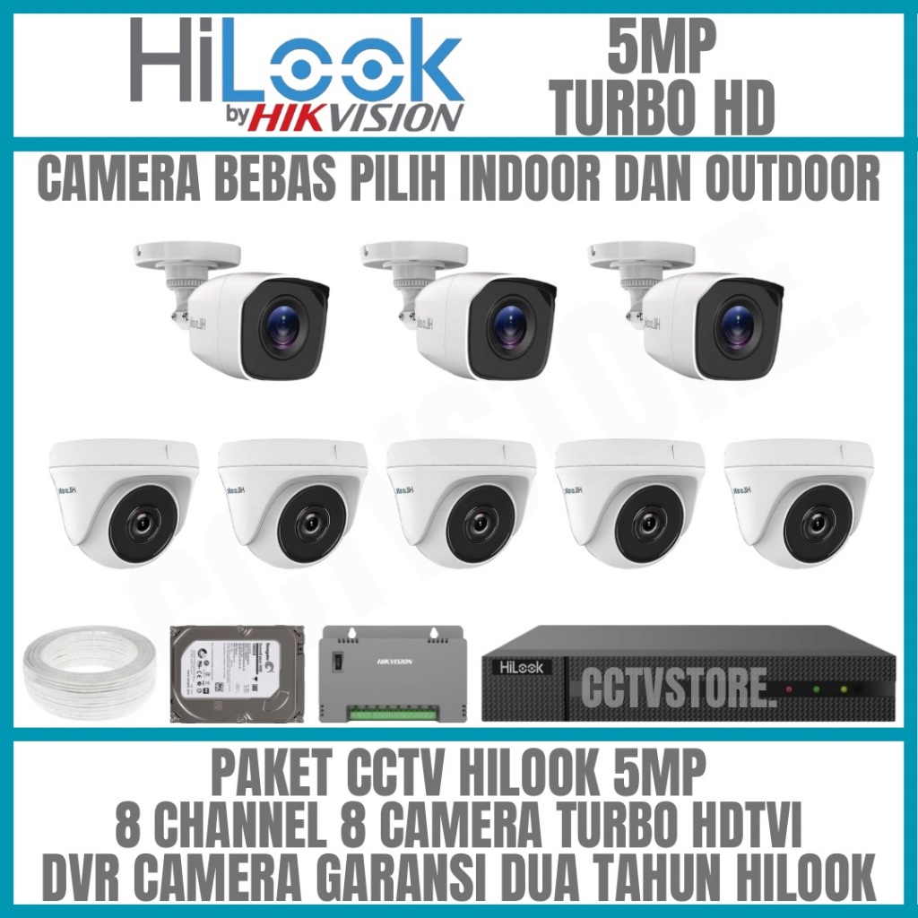 Paket cctv hilook 5mp 8 channel 8 camera turbo hd kamera cctv komplit