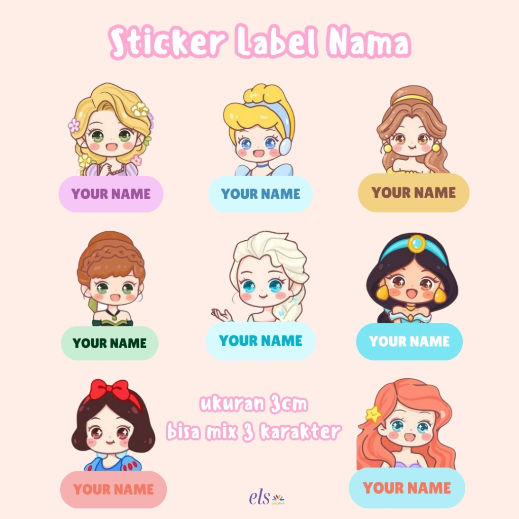 

Stiker Label Nama Anak Custom Premium Quality Print Karakter Girl Princess Rapunzel Cinderella Belle Anna Elsa Frozen Jasmine Alladin Snow White Putri Salju Ariel Mermaid Sticker Pack Waterproof Oilproof Promo Termurah Bandung Ready