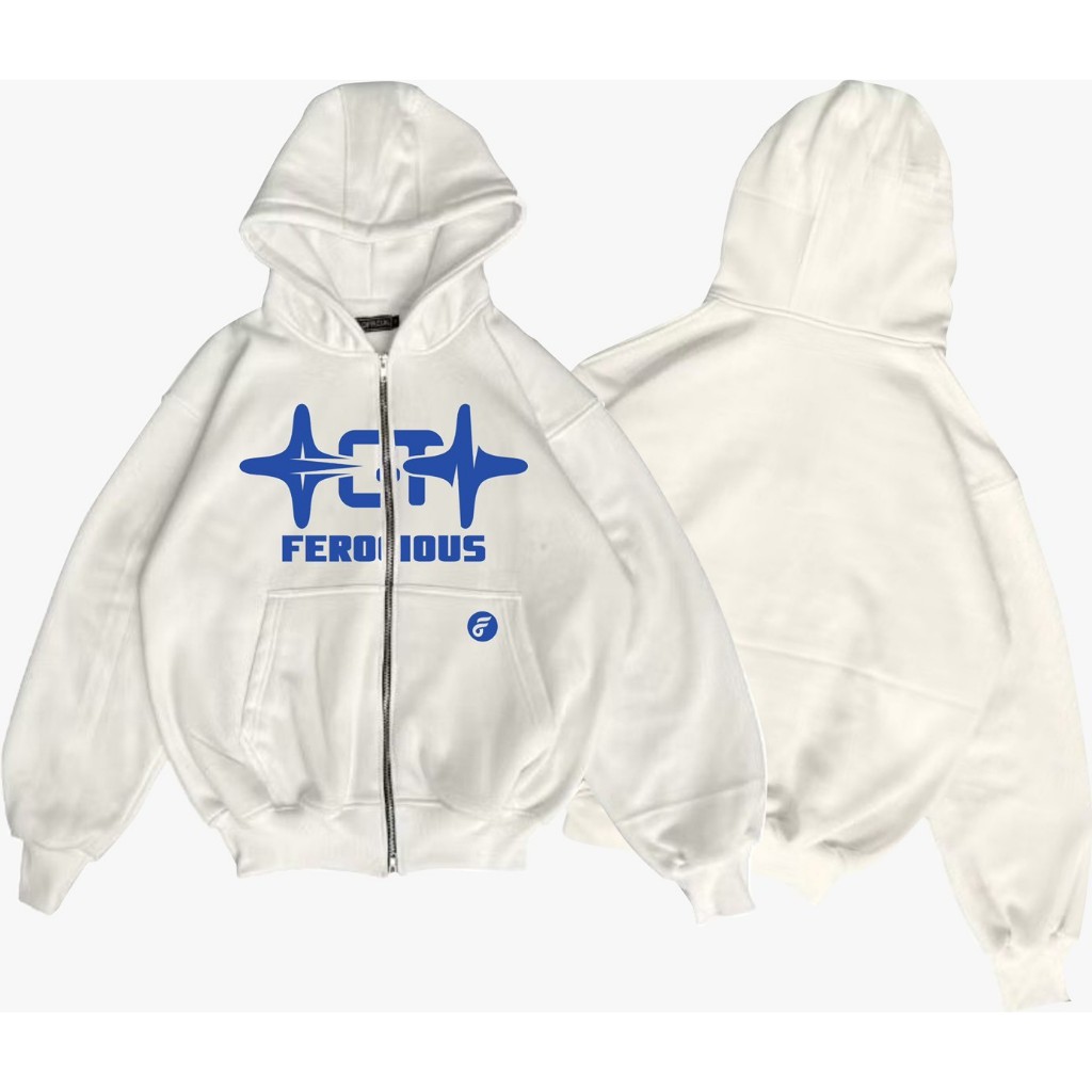 Jaket Sweater Hoodie Putih Boxy Menyala Double Zipper Pria Dan Wanita Aesthetic Vintage Frcs Plus