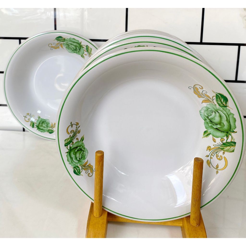 PROMO 3 PCS PIRING MAKAN KERAMIK MOTIF BUNGA HIJAU MUDA DIAMETER 9 INCHI / 23 CM