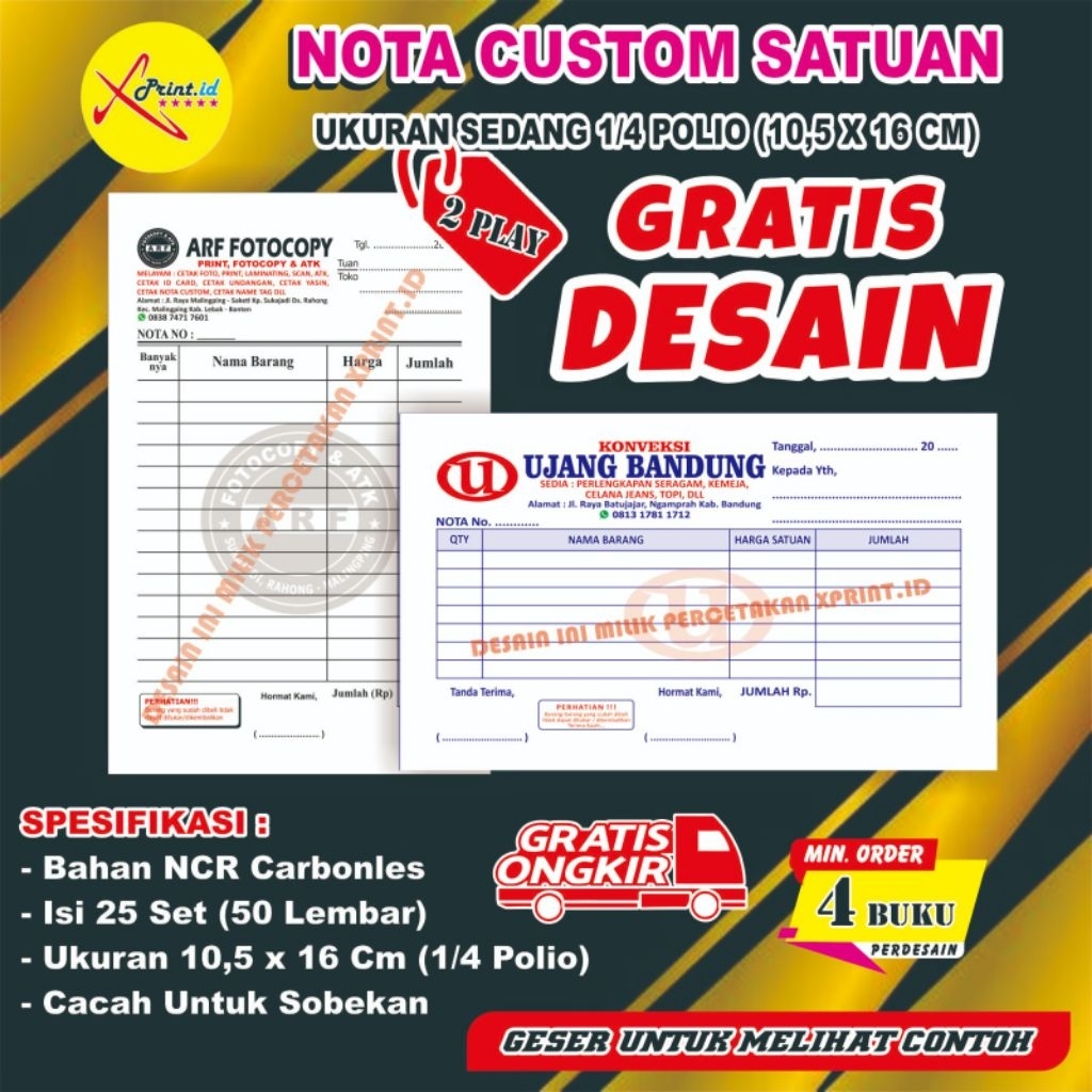 

PROMO Cetak Nota Custom Murah 2 Ply Ukuran Sedang 1/4 Folio