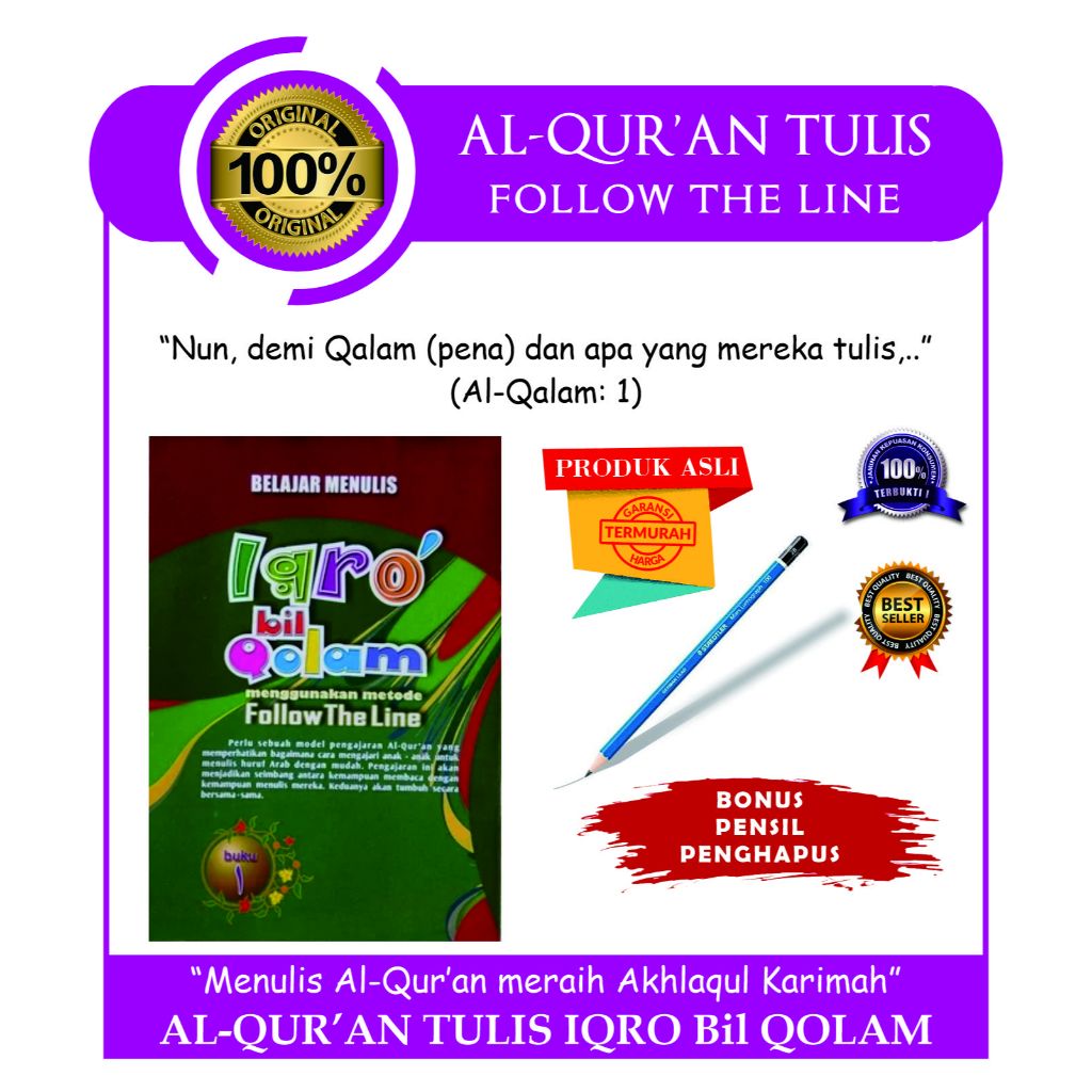 IQRO BIL QOLAM PAUD ANAK / TURUTAN MAHIR BELAJAR MENULIS HURUF HIJAIYAH BONUS PENSIL dan PENGHAPUS M