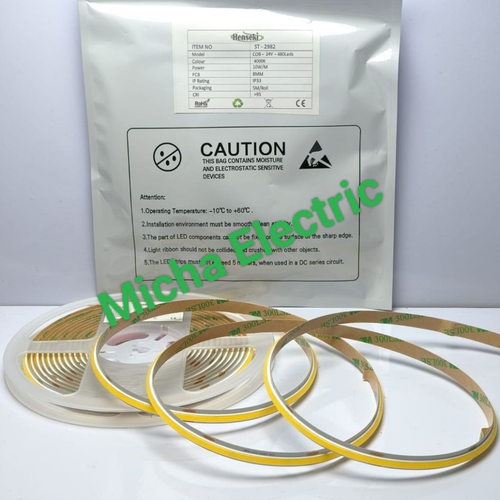 HENSEKI LED Strip COB 24V 480LED 10W/M Indoor/  Strip Light COB 24V 480LED 10 WATT IP33