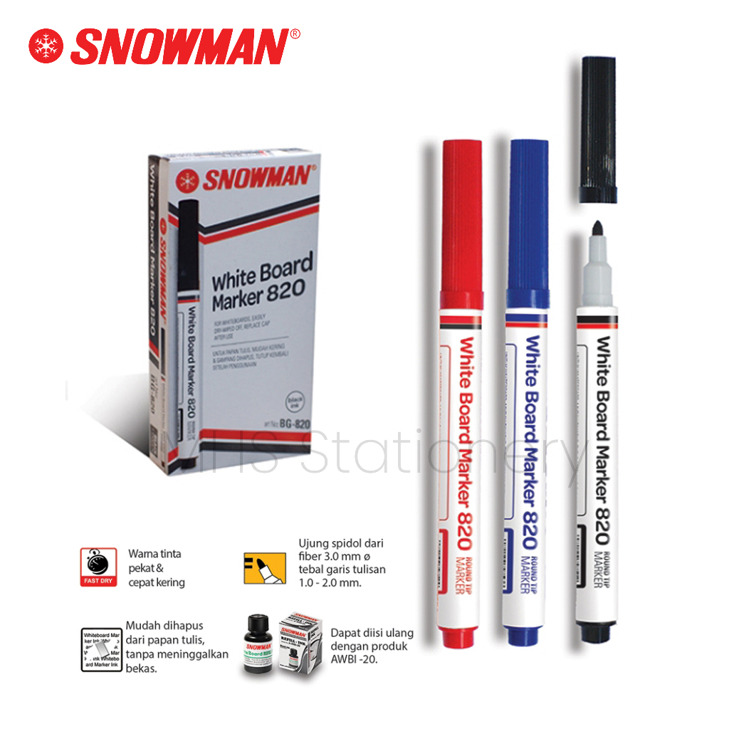 

SNOWMAN BG-820 Spidol Papan Tulis Dapat Dihapus Whiteboard Marker Wipe Clean Hitam Biru Merah