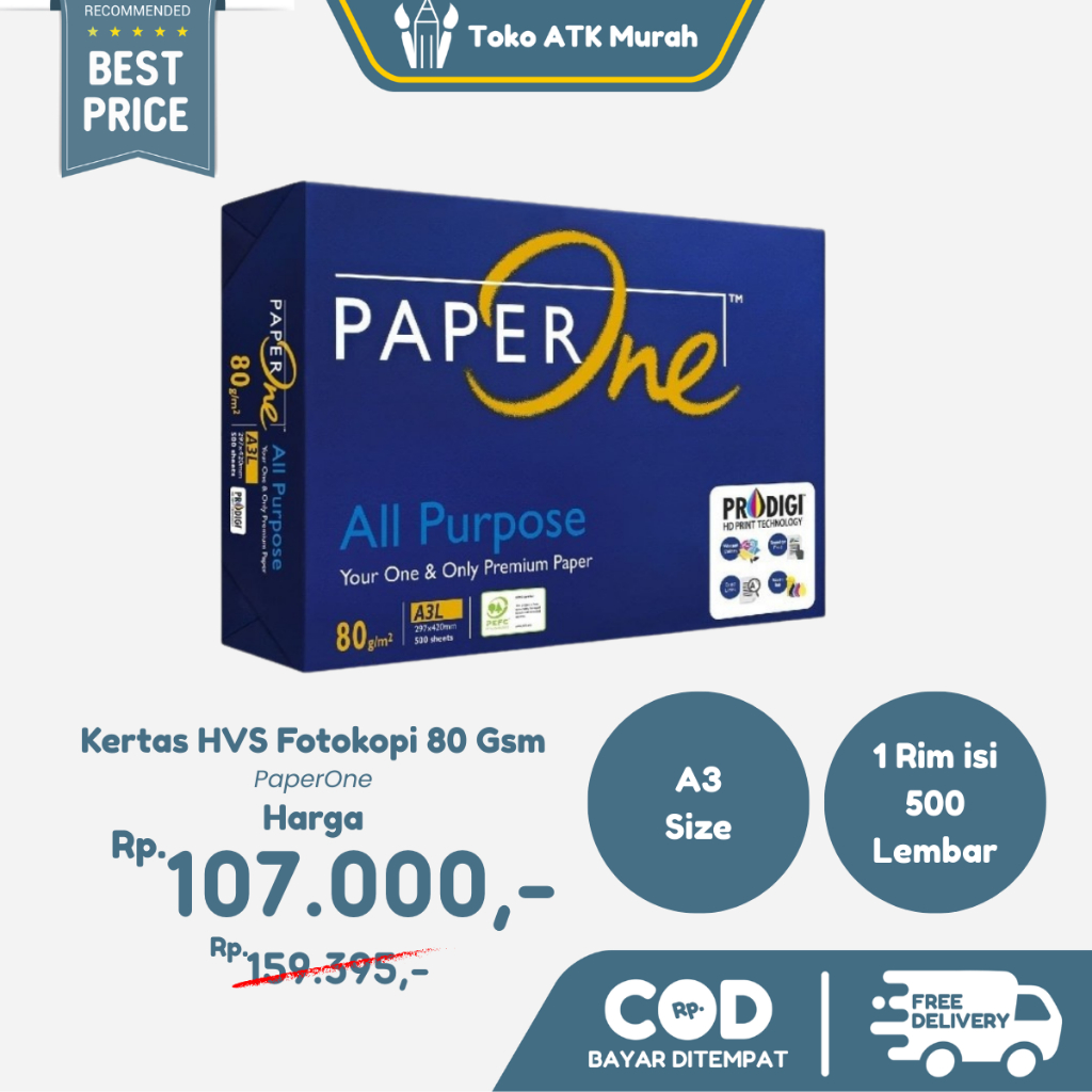 

Kertas HVS A3 80 Gsm Paper One ( 1 Rim Isi 500 Lembar ) - Kertas Fotokopi Print Berkualitas