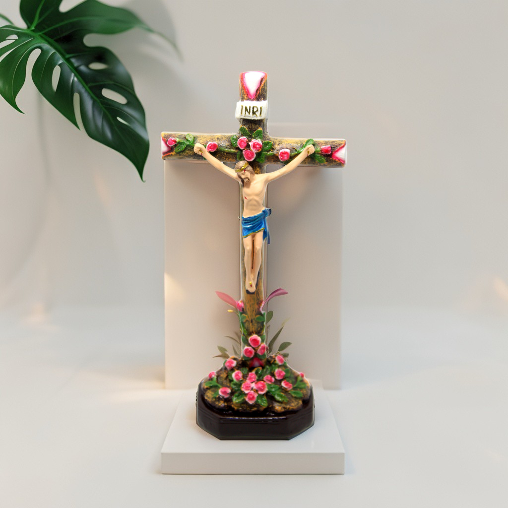 SALIB DUDUK MOTIF MAWAR (18-25 cm) / SALIB DUDUK KATOLIK / SALIB MEJA KATOLIK