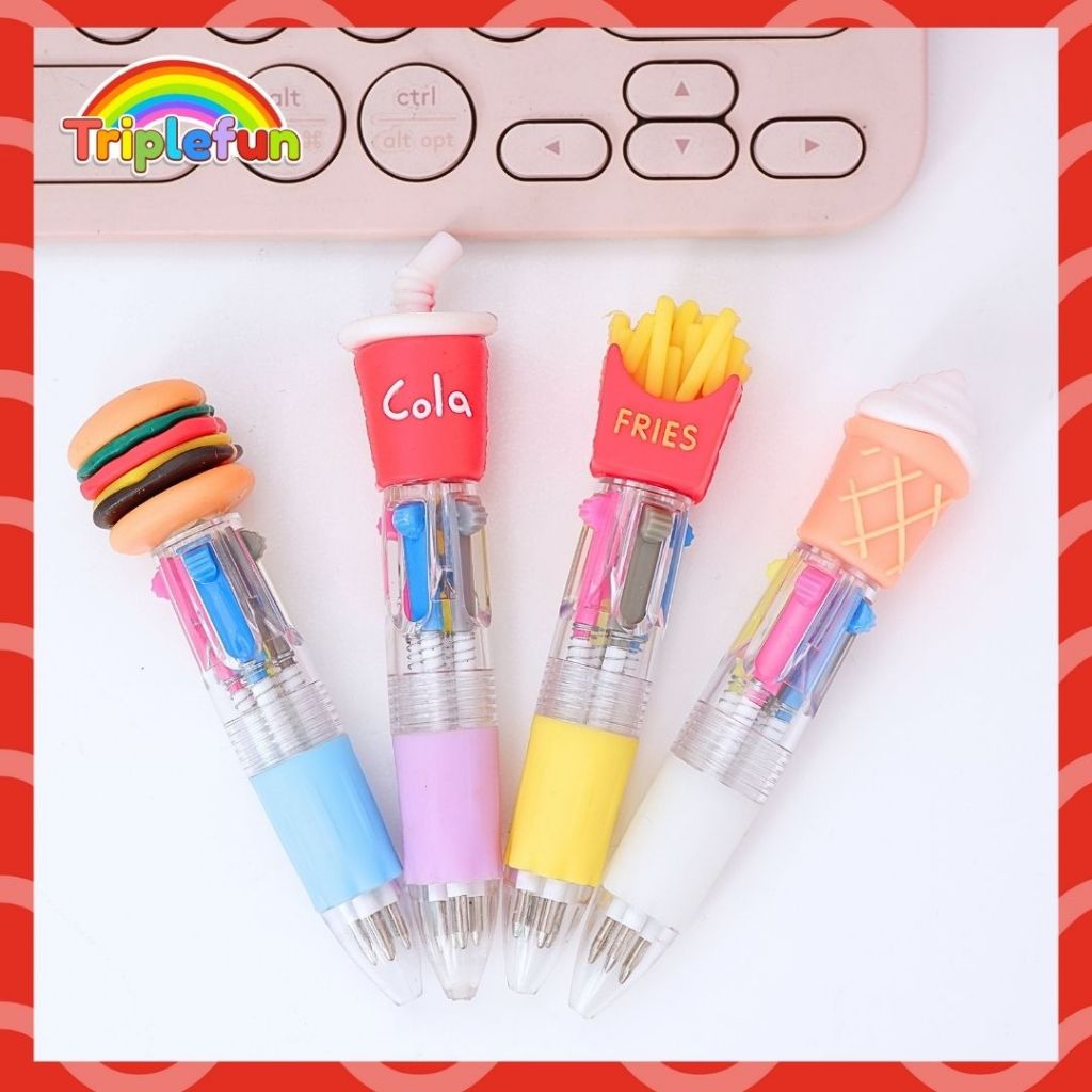 

Pena 4 warna pendek fast food Pulpen Burger Kentang Goreng Coca Cola Lucu Bolpen Pen Tinta Warna Warni