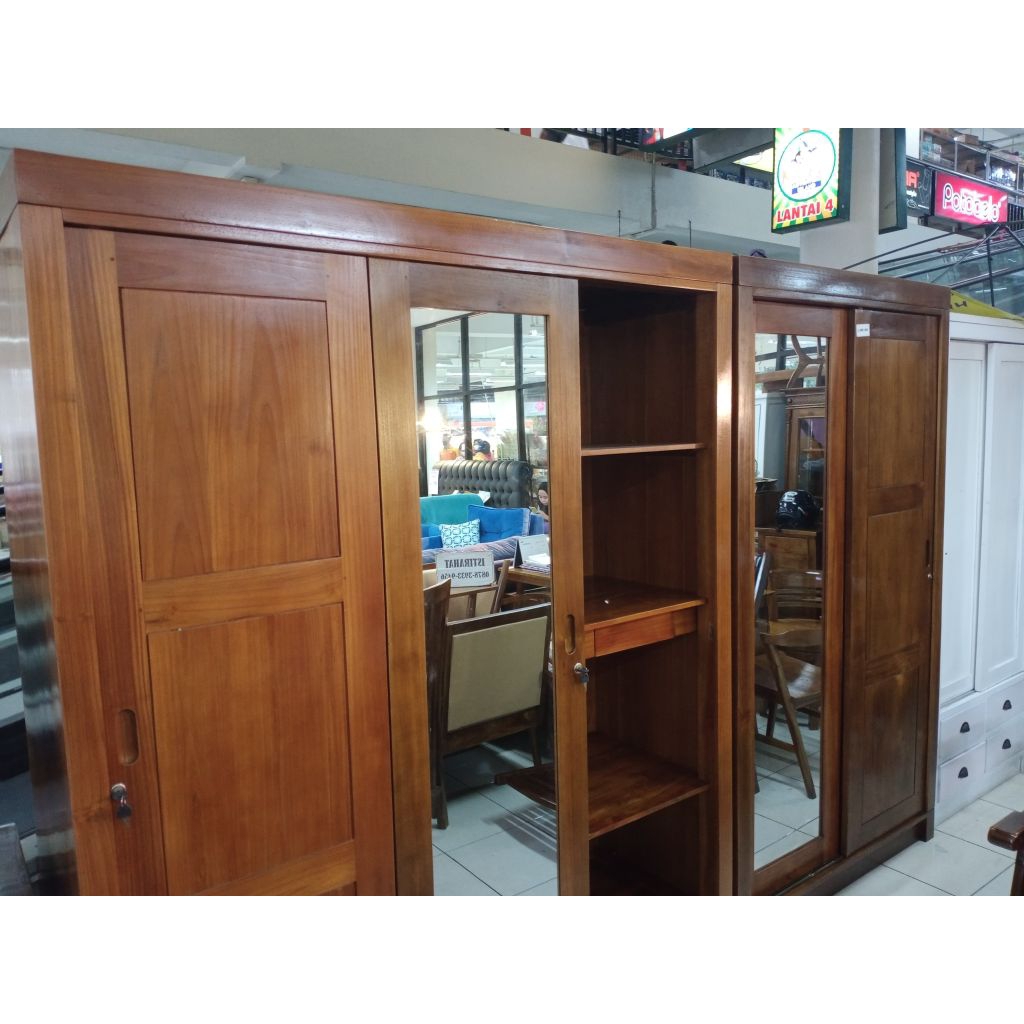 Almari Sliding 3 Pintu Kayu Jati Minimalis TPK Perhutani