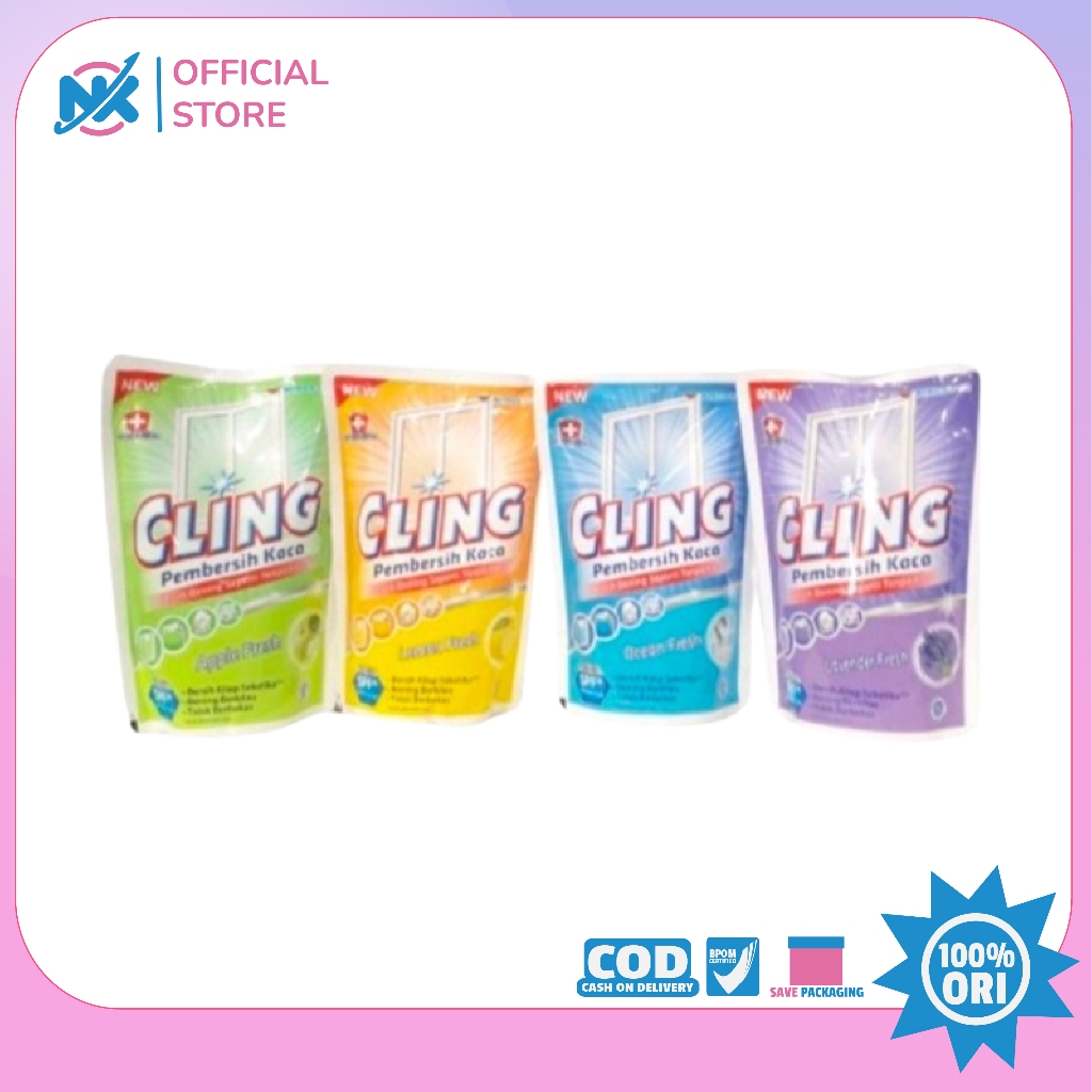 CLING PEMBERSIH KACA 425 ML REFILL POUCH OCEAN FRESH APPLE LAVENDER LEMON BIRU KUNING HIJAU UNGU REF