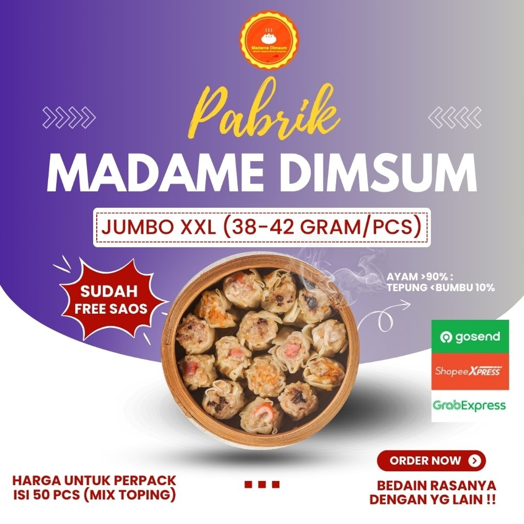 

DIMSUM JUMBO XXL 38-42 gram.. Dimsum jumbo Halal HARGA perpack Isi 50 pcs.. Include Saos..