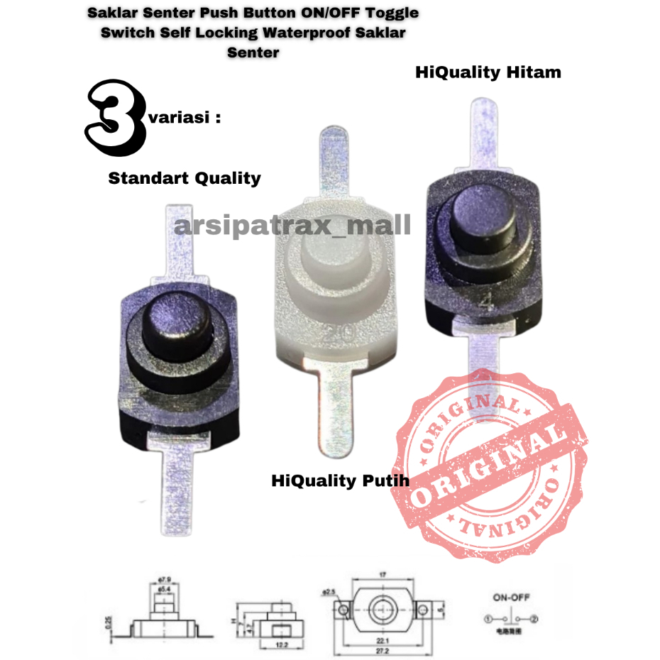 Saklar Senter Push Button ON/OFF Toggle Switch Self Locking Waterproof Saklar Senter