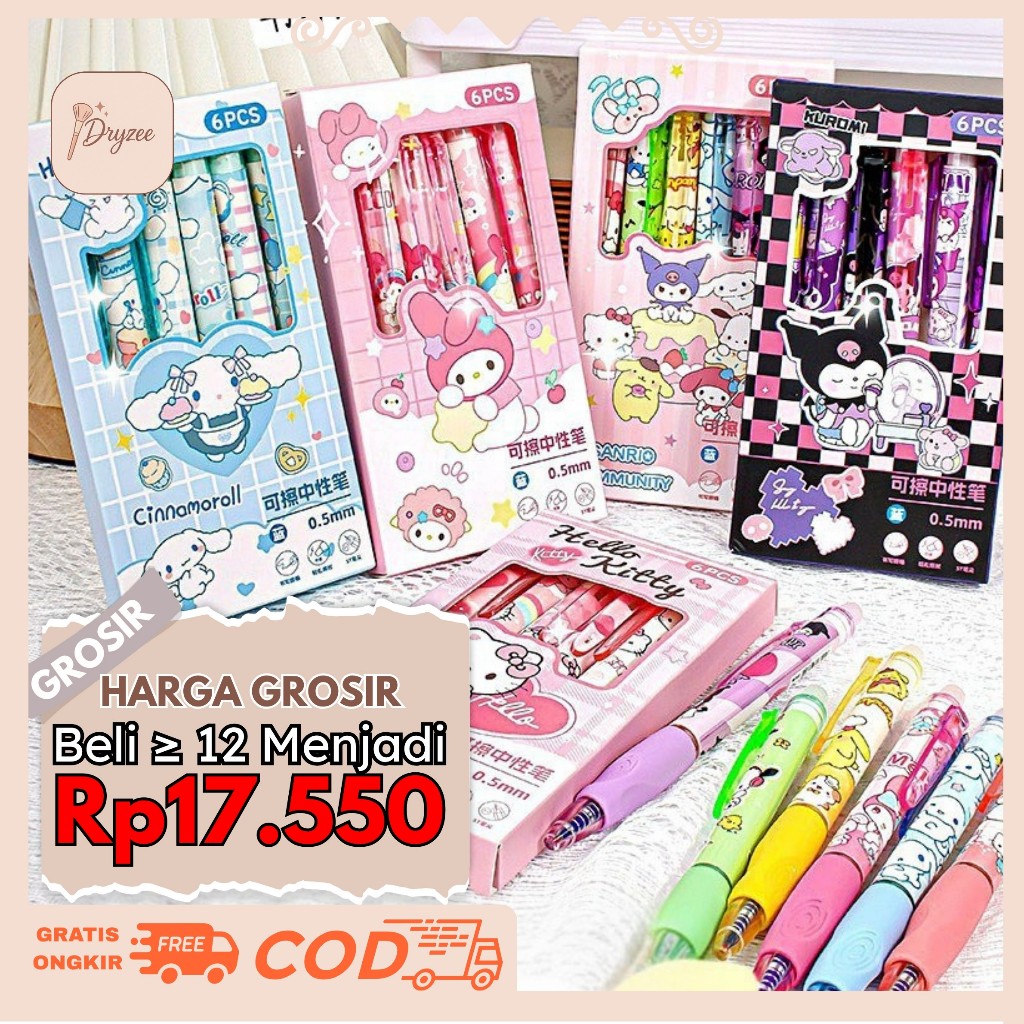 

1 Box Pulpen Isi 6 Pcs 0.5mm Pulpen Lucu Bisa Hapus Pen Erasable Kartun Pena Cinnamoroll Sanrio