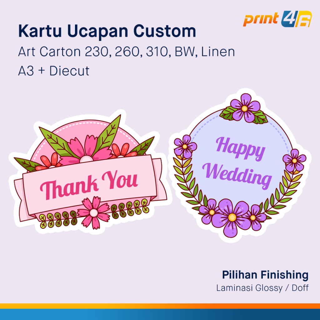 

Print Kartu Ucapan Custom Art Carton 230 260 310 BW Linen A3 Diecut Pilihan Finishing Laminasi Glossy Doff
