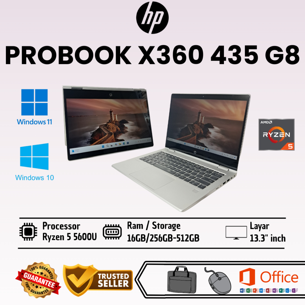 Laptop HP Probook X360 435 G8 AMD Ryzen 5 5600U Ram 16GB SSD 256GB Second Bergaransi