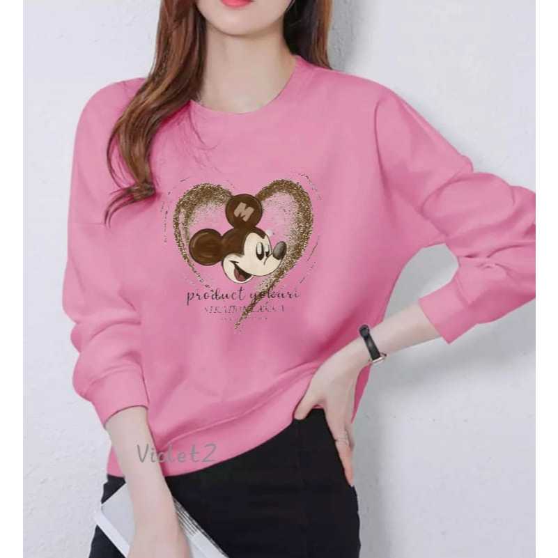 Kaos Atasan Lengan Panjang Wanita Dewasa Motif Love Mickey Mouse Wanita Trendy Kekinian Kaos Long Sl