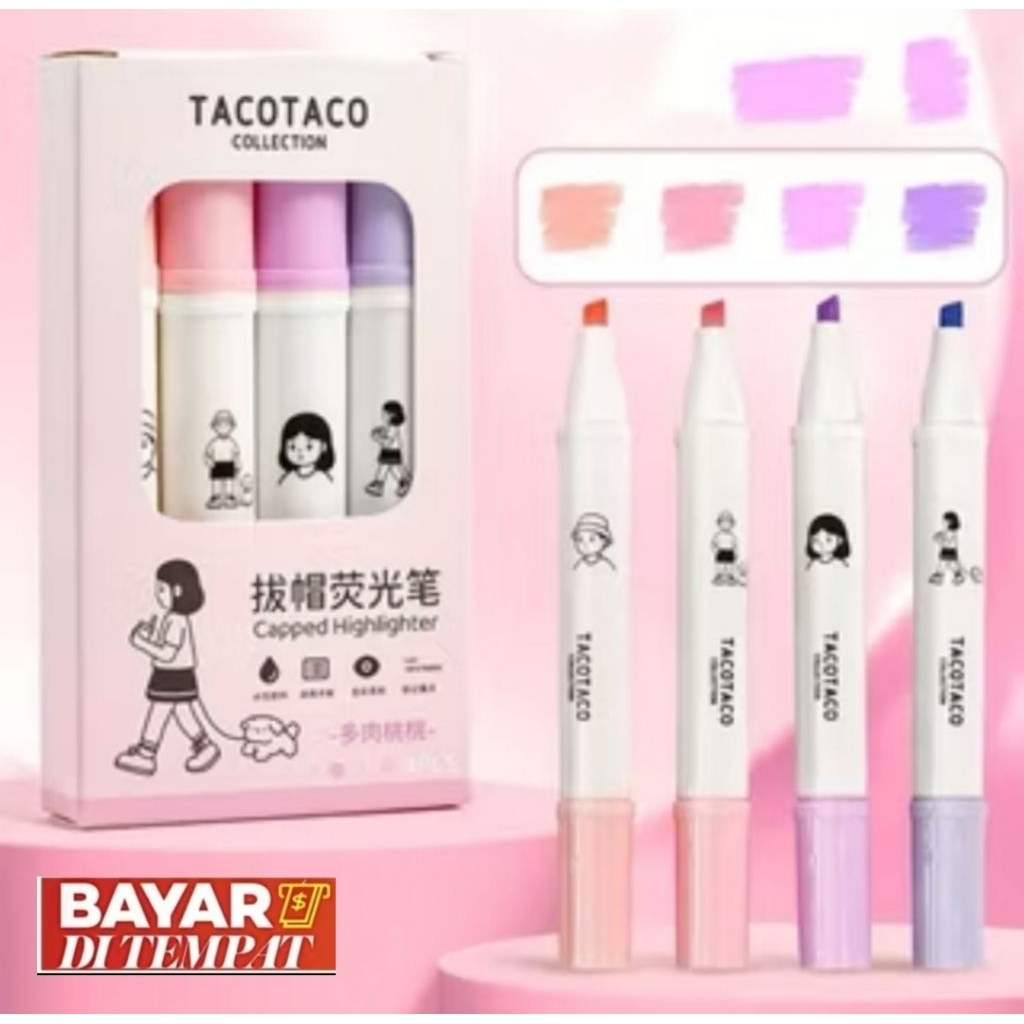 

( 1 Set 4 Pcs ) Stabilo by Taco Taco Collection / Highlighter Morandi Pastel Cute /Stabilo Penanda isi 4 warna pastel untuk Kantor Sekolah