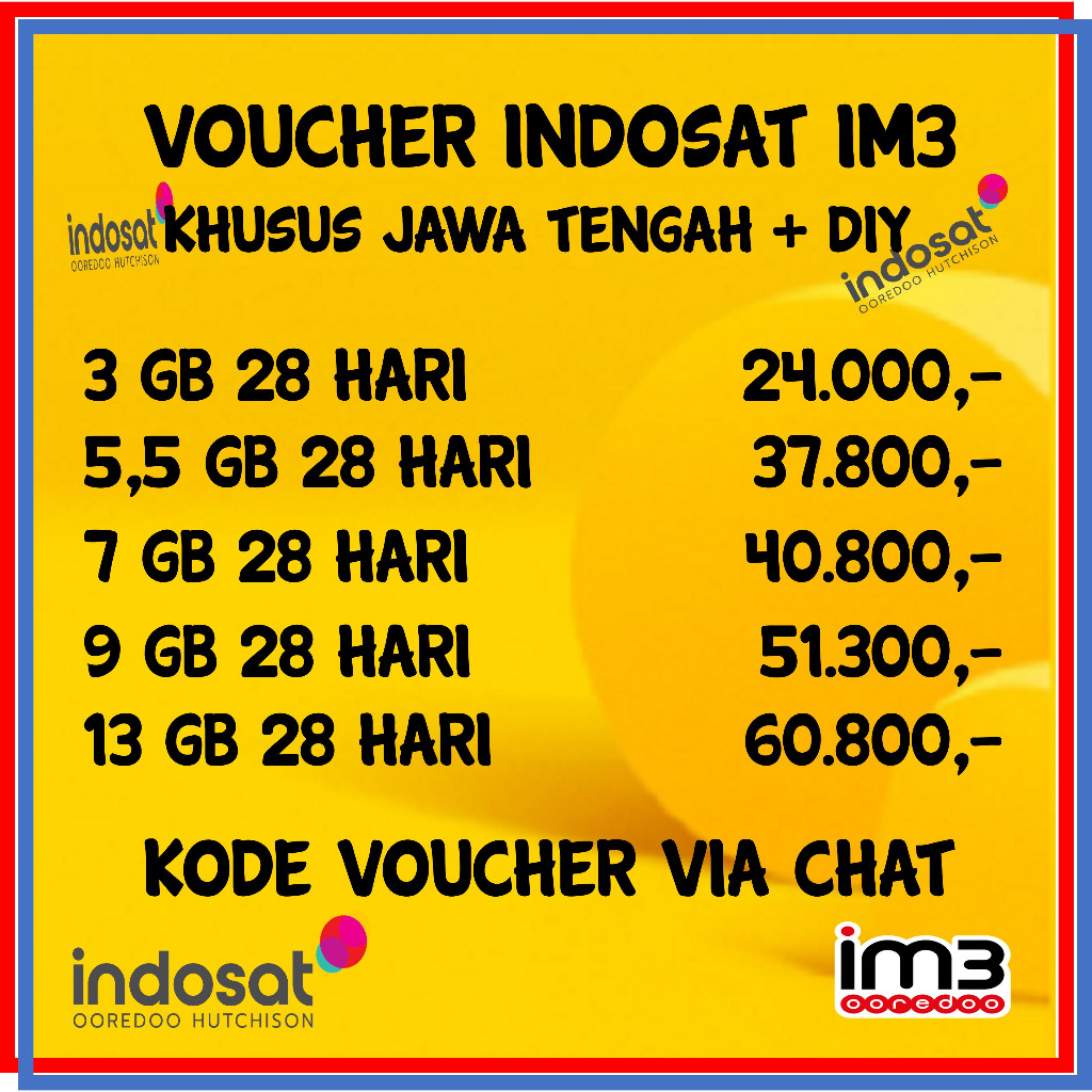 Voucher Indosat im3 3GB 5,5GB 7GB 9GB 13GB 28Hari JATENG DIY